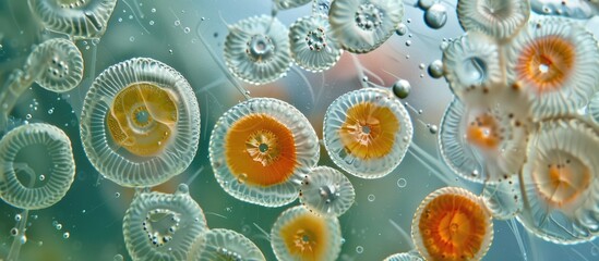 A group of orange and white jellyfish are seen floating in water, showcasing their distinctive shapes and colors as they move gracefully with the currents. - obrazy, fototapety, plakaty