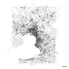 Thessaloniki city map with roads and streets, Greece. Vector outline illustration.