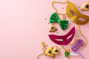 Join our Purim festivity! View from top of triangle cookies, masquerade accessories, bow tie,...