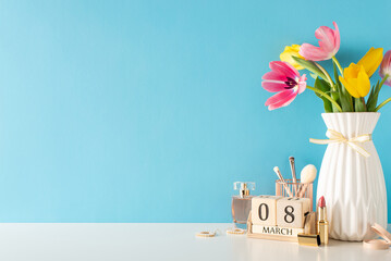 8th March theme: A side view table adorned with women's essentials— jewelry, makeup brushes, red...
