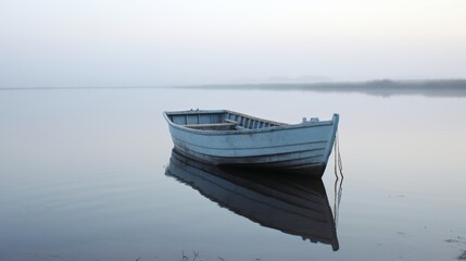 Naklejka premium Misty morning lake scene with solitary boat silhouette on calm water surface at dawn