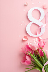 Women's Day aesthetic: Top view vertical shot of the figure '8', dense tulip bouquet, ribbon and...