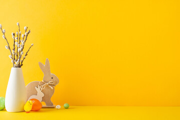 Easter ambiance creation, displaying a side view of a tabletop enriched with wooden bunnies, eggs...
