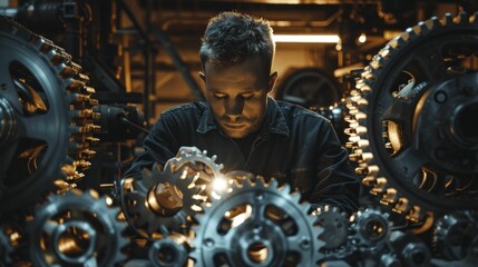 A maintenance worker inspects industrial machinery gears with precision in the shadows, ensuring flawless cog operation. - obrazy, fototapety, plakaty