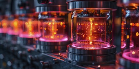 Quantum Computing Core: Industrial innovation's heart, a quantum computer solves logistical problems in seconds, a beacon of power.
