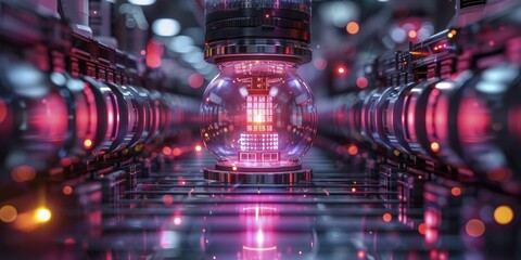 Quantum Computing Core: An industrial innovation beacon, solving logistical problems in a fraction of a second, a powerhouse. - obrazy, fototapety, plakaty