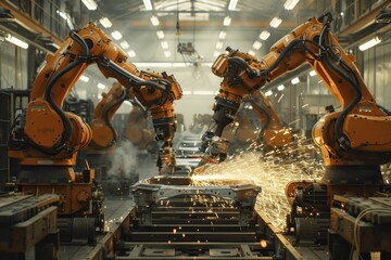 A robotic fleet welds and assembles car frames with sparks and steel, choreographed by cutting-edge tech.