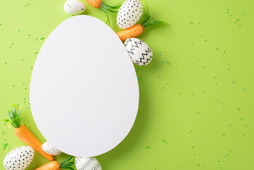 Easter delight depicted: top view of colored eggs, bunny-approved snacks, and sprinkles on a light green surface, with an egg-centric card for personalized messages or marketing