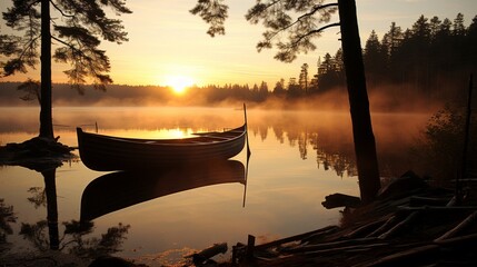 Misty sunrise over serene lake with solitary boat silhouette drifting on glassy surface
