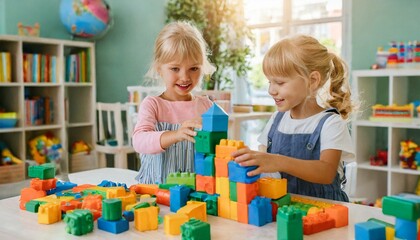 children playing with toys; playing with toy blocks; colorful kindergarten; preschool