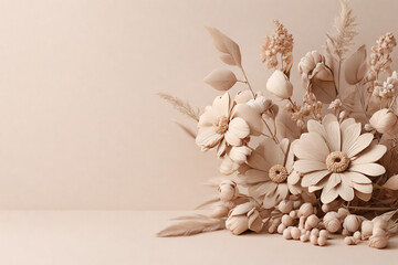 Bouquet of flowers on a beige background with copy space