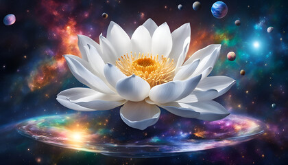 Lotus Blüte geöffnet Blume Erkenntnis weiß glänzend vor Hintergrund Universum leuchtender Sterne Galaxien Lilie Wasser Spirituelle Erkenntnis neue Erde Erwachen Achtsamkeit Erleuchtung Buddha  - obrazy, fototapety, plakaty