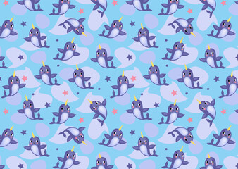 Seamless pattern with  cute narwhal . Sea animal. Marine life objects vector cartoon   illustration. Children textile, print.