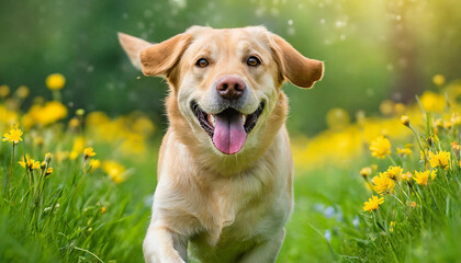 A dog labrador retriever with a happy face runs through the colorful lush spring green grass