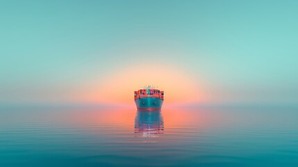 Fototapeta na wymiar A container ship fully loaded, sailing in vibrant, bright blue ocean waters under the clear sky