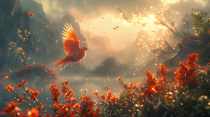 fantasy landscape with magic red birds - obrazy, fototapety, plakaty