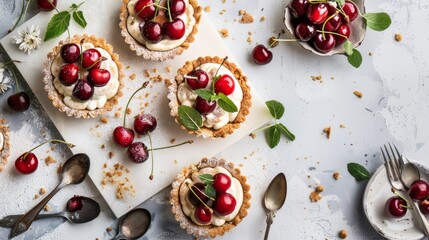 Delicious cherry mini tart on white cutting board with vintage teaspoons, top view