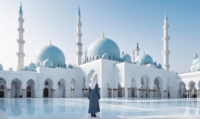 islamic background modern white mosque with a flat roof, pastel blue colours in a futuristic...