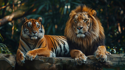 tiger and lion show friendship with sitting together