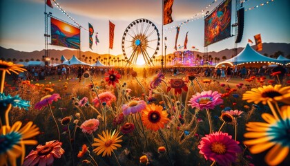 Wildflowers in bloom, Coachella's sunset view with Ferris wheel and stages. Sunset and flowers at Coachella, Ferris wheel lights up, people enjoy.