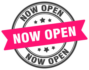 now open stamp. now open label on transparent background. round sign