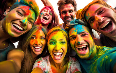 People with Happy Faces Sharing Colored Powder Isolated on Transparent Background PNG.