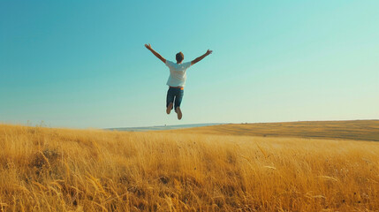 happy person jumping in the field