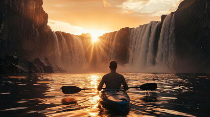 sunset view waterfall with man kayak - obrazy, fototapety, plakaty