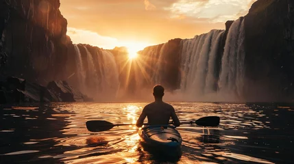 Foto op Canvas sunset view waterfall with man kayak © AB Design