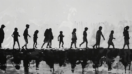 Silhouettes of people on the shore