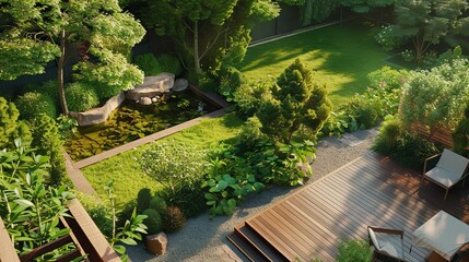 Landscaping the backyard, area 4*8 centimeters, with a pond and green trees. L-shaped wooden balcony, high view, beautiful, 8k images. - obrazy, fototapety, plakaty