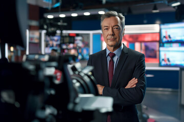 Male middle aged host presenting daily news and latest events on live television channel in newsroom studio - 747085459
