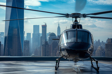 a black helicopter stands on the runway located on a skyscraper