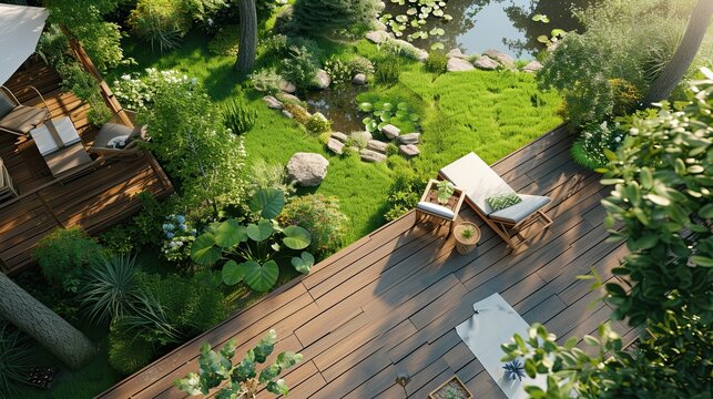 Landscaping the backyard, area 4*8 centimeters, with a pond and green trees. L-shaped wooden balcony, high view, beautiful, 8k images.