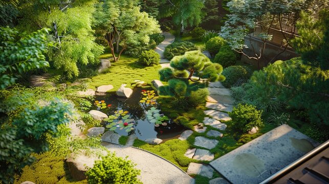 Arrange the backyard with a pond and green trees. L-shaped wooden balcony, high view, beautiful, 8k images, with rocks, shady.