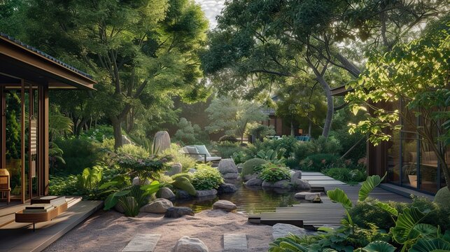 Arrange the backyard with a pond and green trees. L-shaped wooden balcony, high view, beautiful, 8k images, with rocks, shady.