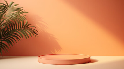 Obraz premium Abstract peach fluff color gradient studio background for product presentation. Empty room with round podium and palm leaves. 3D room with copy space. Summer concept.