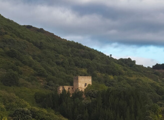 Fototapeta na wymiar Panoramic view of the 14th century Corullon Castle and its surroundings, in the El Bierzo region. Leon, Castile and Leon, Spain.