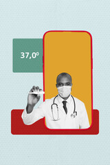 Creative drawing collage of man doctor online device thermometer illness prevention wellbeing healthy concept weird freak bizarre unusual
