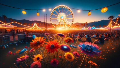 Wildflowers in bloom, Coachella's sunset view with Ferris wheel and stages. Sunset and flowers at Coachella, Ferris wheel lights up, people enjoy.