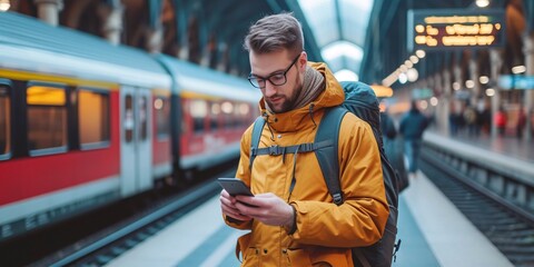 Man utilizing mobile app on his cell phone while at train depot for work trip.