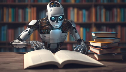 3d illustration of robot hominoid reading book and solving math data analytics in concept of future