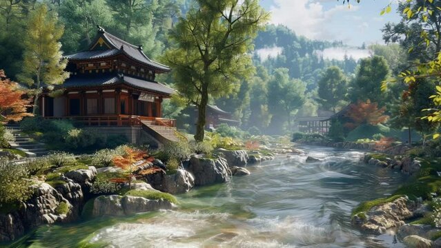 Shaolin Temple by the river. seamless looping 4k animation video background 