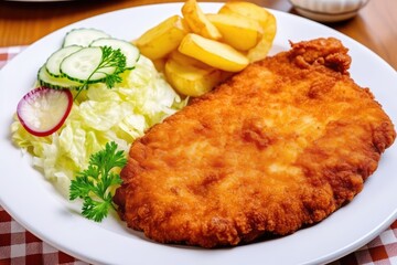 Traditional Polish Chop, Breaded Cutlet, Roasted Pork Steak in Breadcrumbs with Fresh Cabbage Salads
