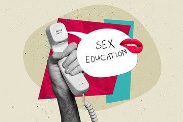 Creative trend collage of hold handset call bite lips sex education erotic seductive girl promo...