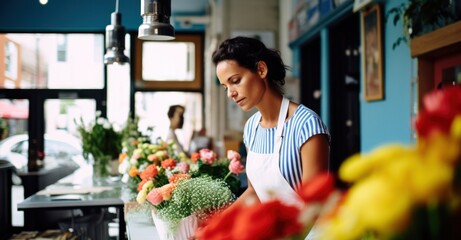  Florist arranges vibrant bouquets in her fragrant, sunlit shop.