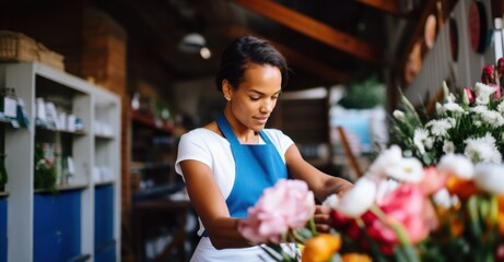  Florist arranges vibrant bouquets in her fragrant, sunlit shop.