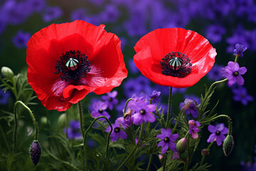 Contrasting bright red poppies cover half of the frame