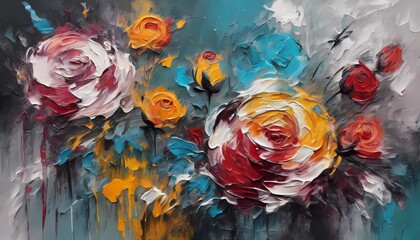 Colorful modern artwork, flowers and roses,abstract paint strokes, oil painting on canvas. Acrylic