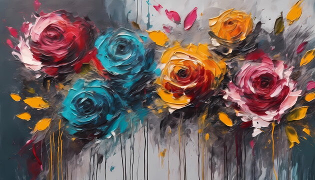 Colorful modern artwork, flowers and roses,abstract paint strokes, oil painting on canvas. Acrylic